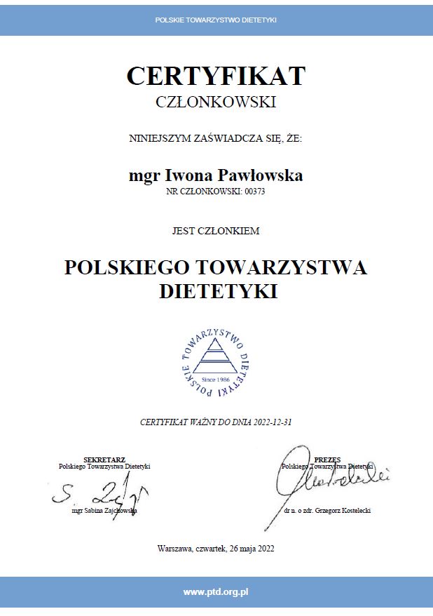 certyfikat polskiego towarzystwa dietetyki