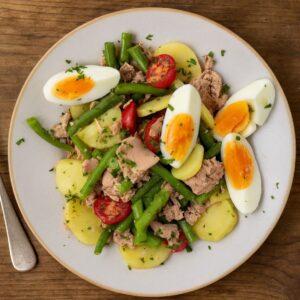 Sałatka z tuńczykiem, fasolką i jajkiem