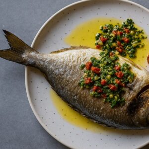 Pieczony Karp z natką i suszonymi pomidorami