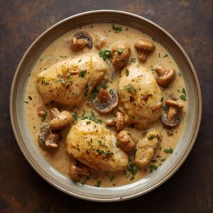 Kurczak w kremowym sosie z pieczarkami