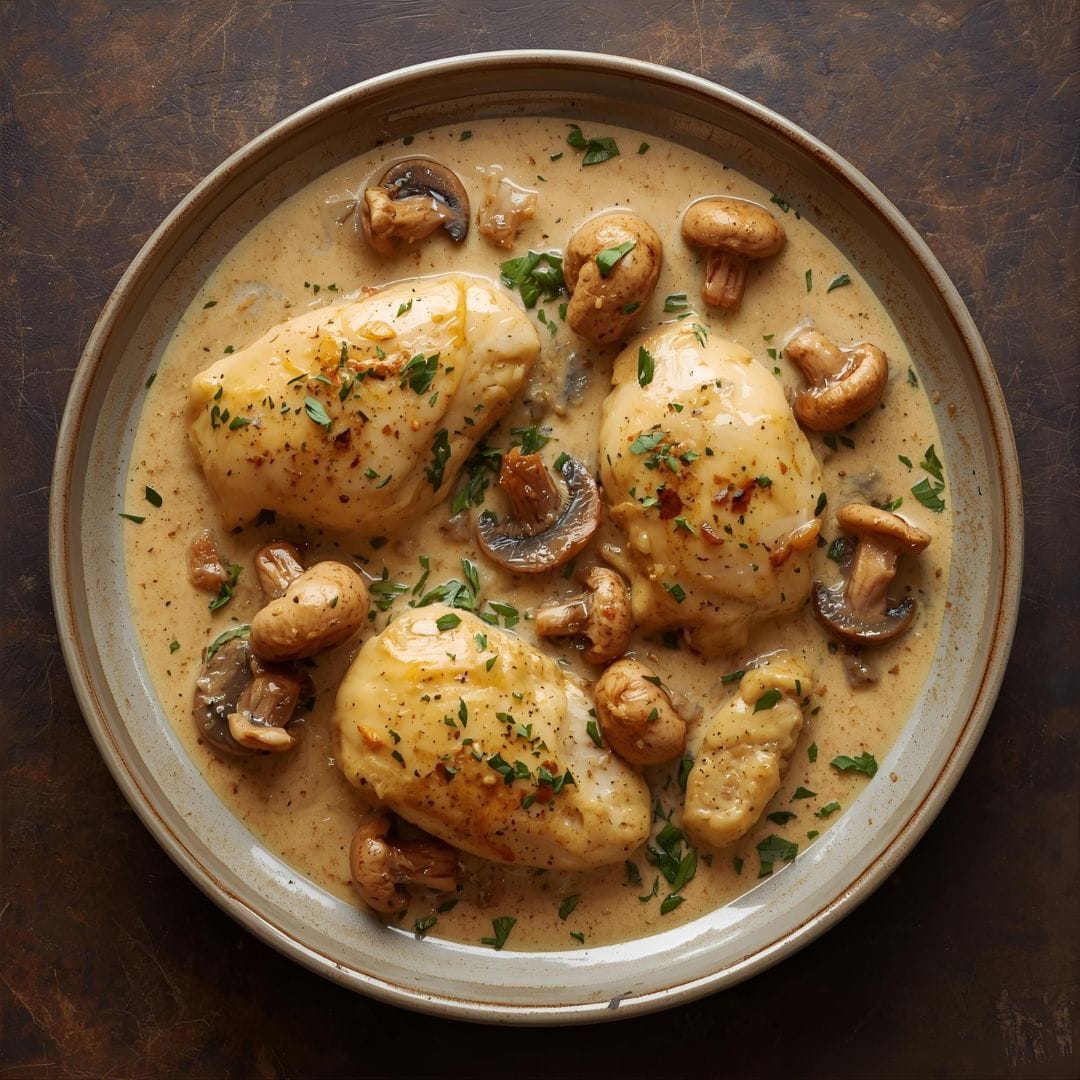Kurczak w kremowym sosie z pieczarkami