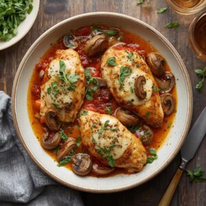 Pierś z kurczaka zapiekana z pieczarkami i mozzarellą