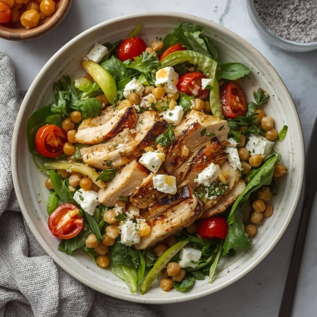 Sałatka grecka z kurczakiem i ciecierzycą
